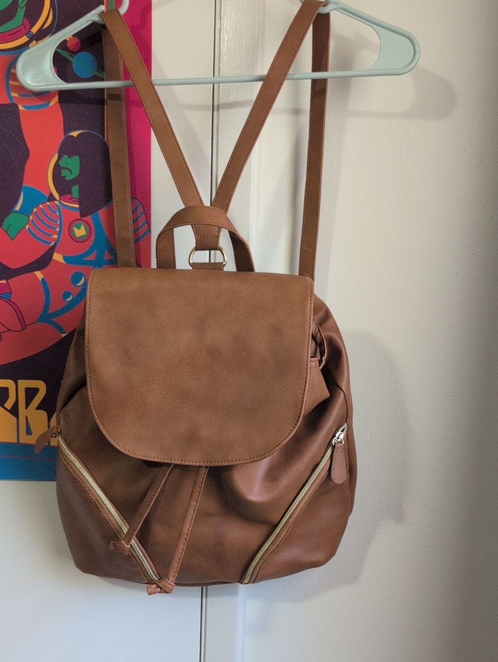 Brown Faux Leather Backpack Purse - Casual Women's Bag